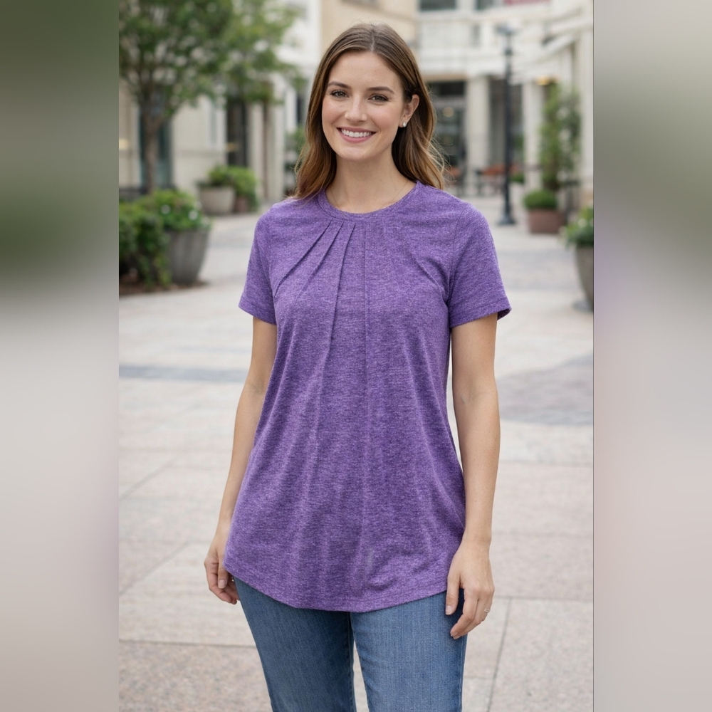 Heathered Purple Pleated Front Tunic Top Womens Casual Flowy Short Sleeve Tee S